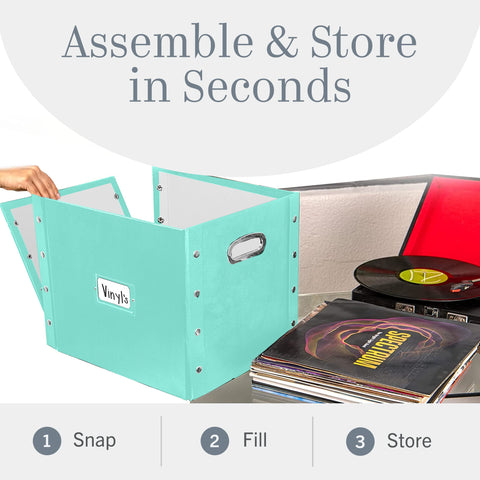 Snap-N-Store mint crate next to turntable offering stylish functional storage