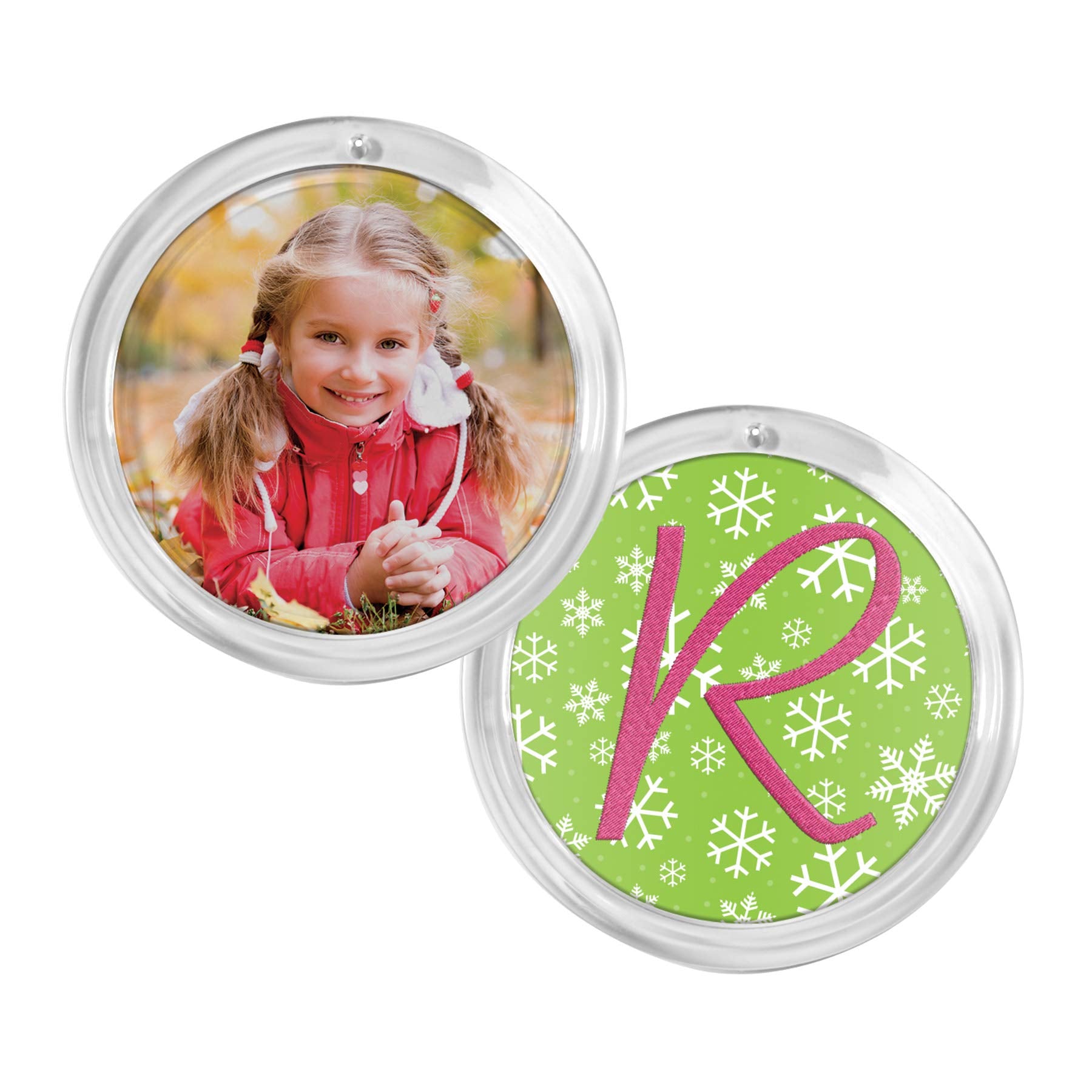 Snapins front view showing 12 round ornaments and clear covers for easy personalization