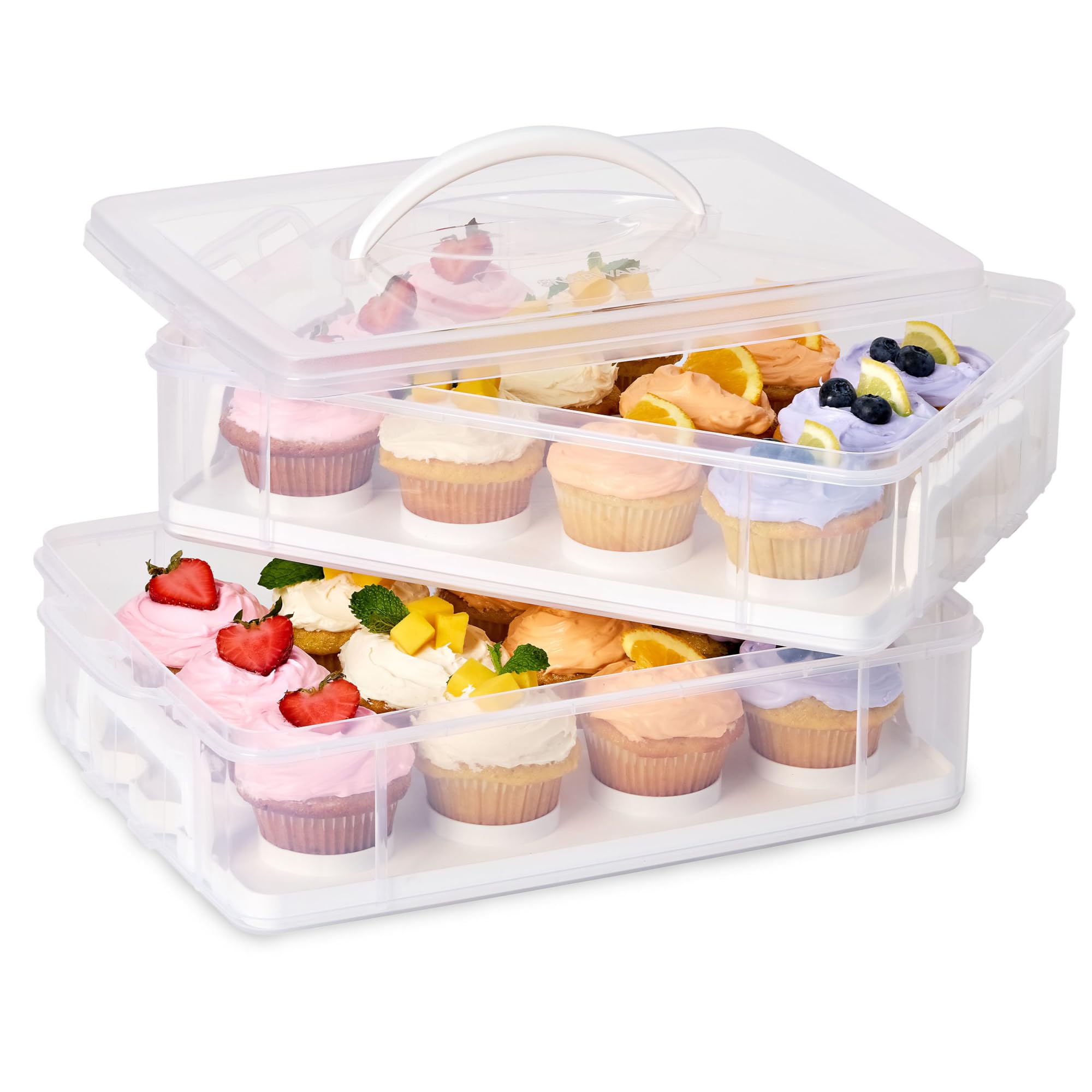 Snapware front view showing carrier with secure lid, protects cupcakes
