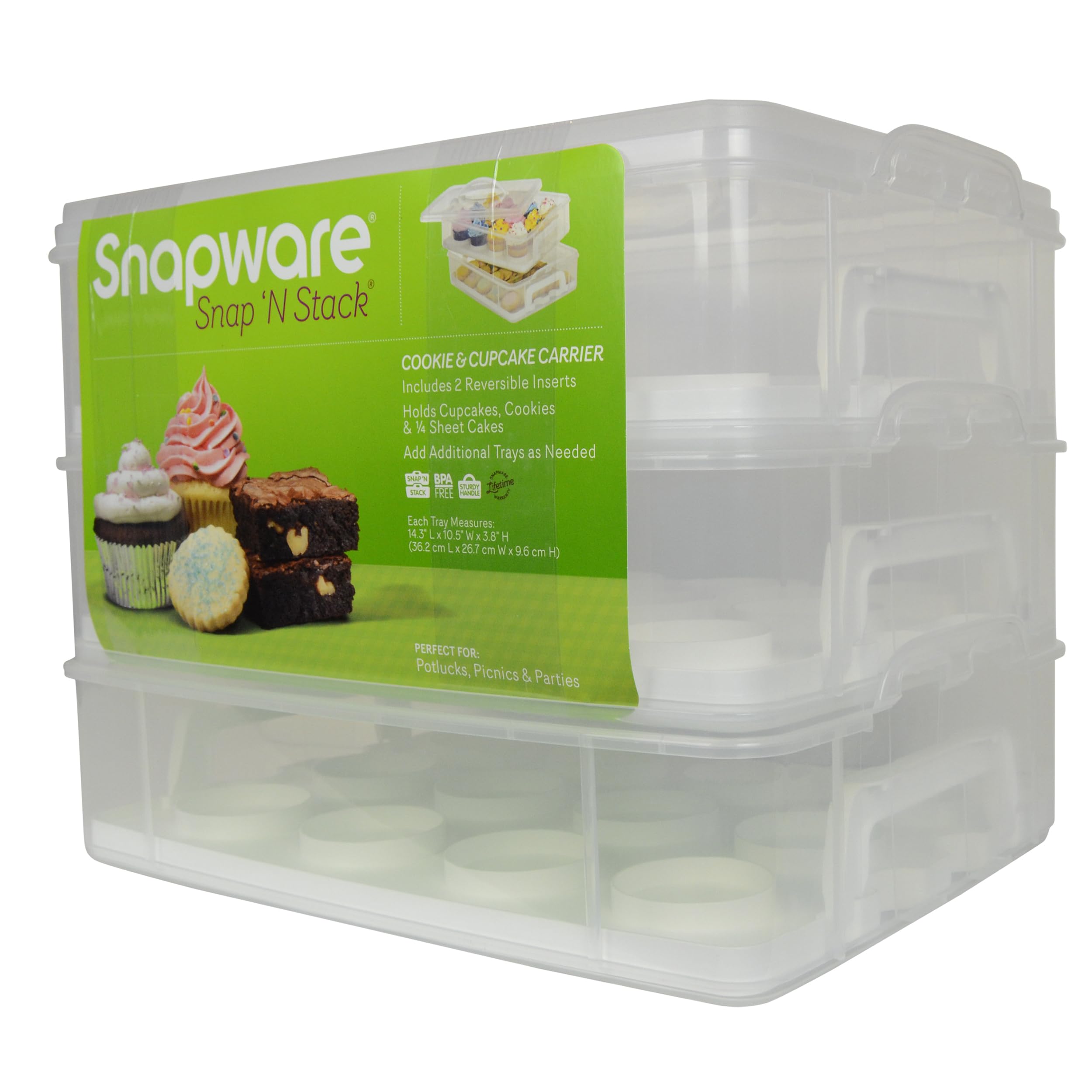 Snapware on event table with cupcakes, provides tidy presentation