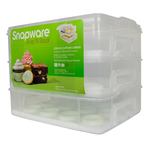 Snapware on event table with cupcakes, provides tidy presentation