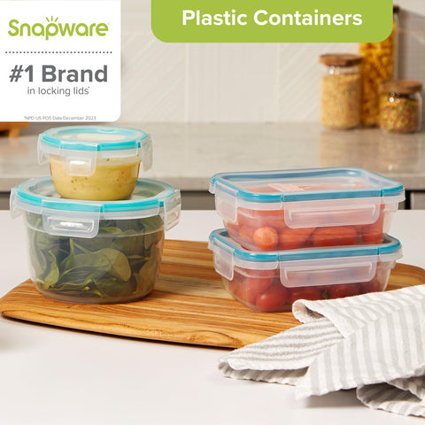 Snapware lid close-up displaying four locking tabs for leak-resistant sealing