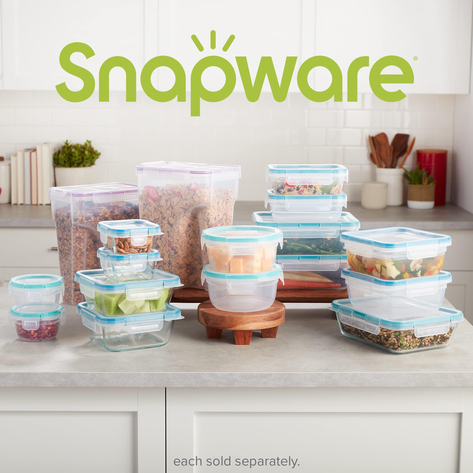 Snapware on kitchen counter holding cereal demonstrating organized pantry benefit