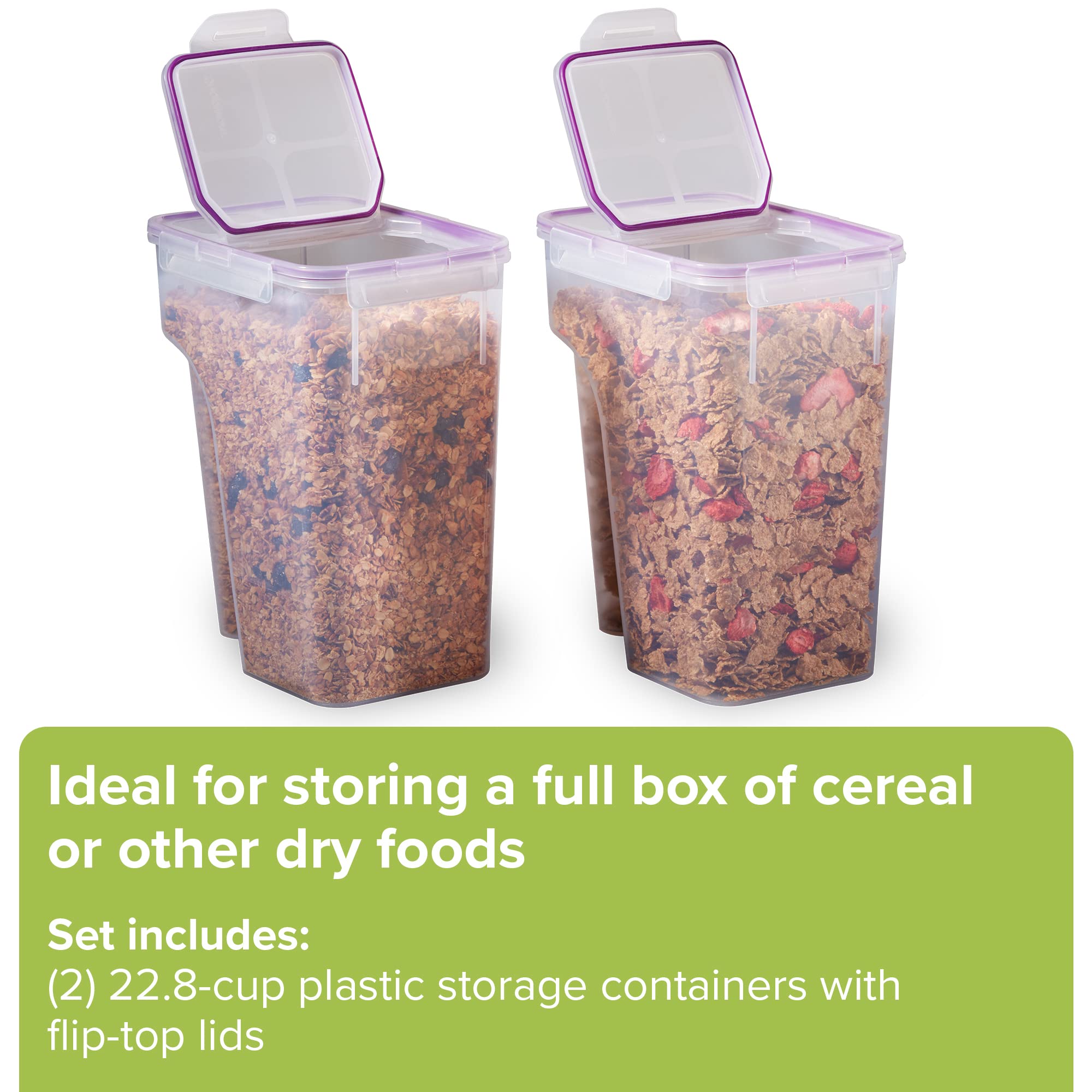 Snapware next to a cereal box showing 22.8-cup capacity and space-saving benefit