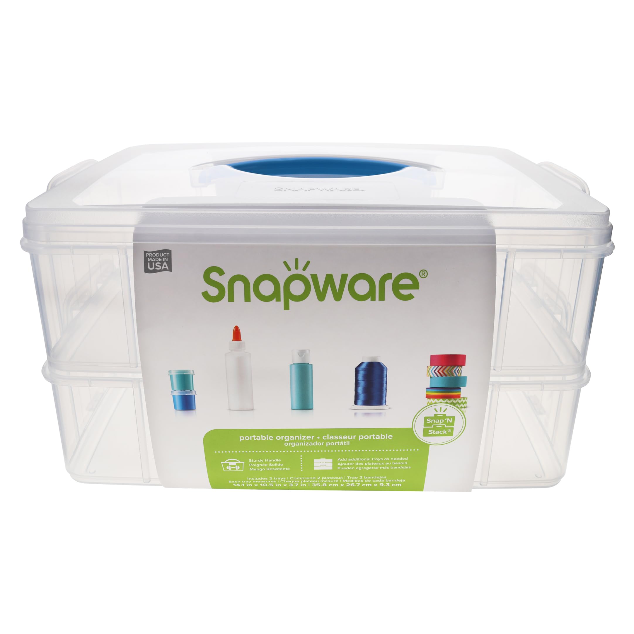 Snapware front view showing stacked trays and compact portability benefit