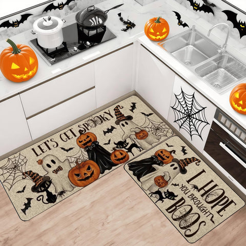 Snazzikid front view of Halloween mat pair showing black cat graphics and phrases for festive floors