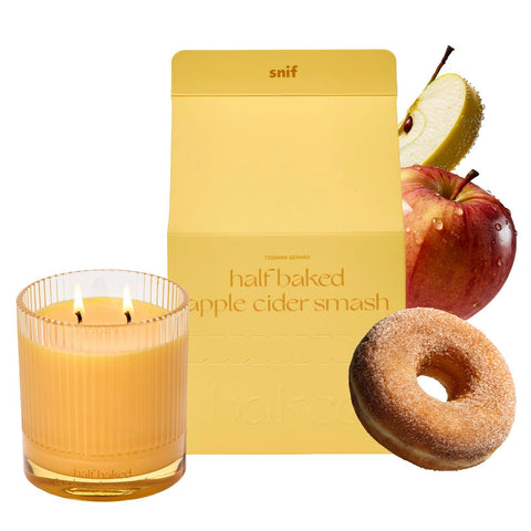 Snif candle front view showing jar and label, inviting warm orchard scent
