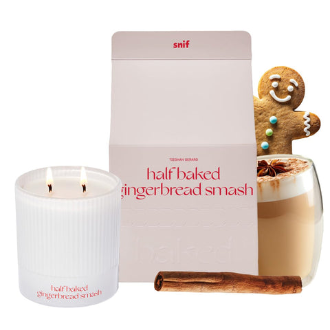 Snif candle front view showing label and holiday packaging benefit: seasonal atmosphere