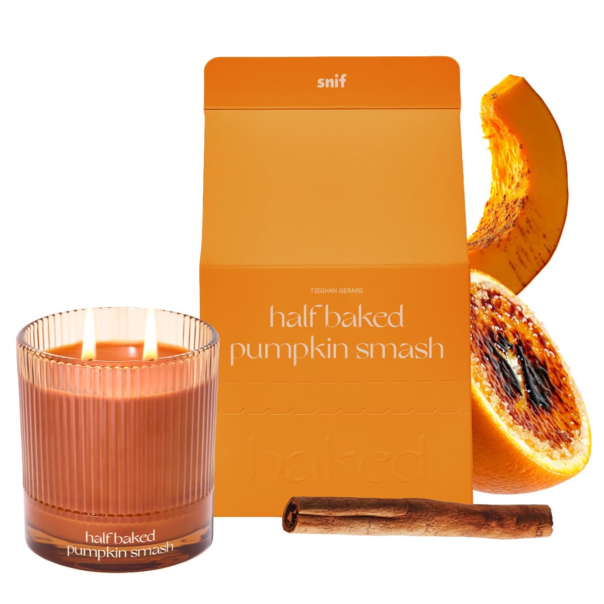 Snif front view of candle jar showing label and warm pumpkin scent benefits