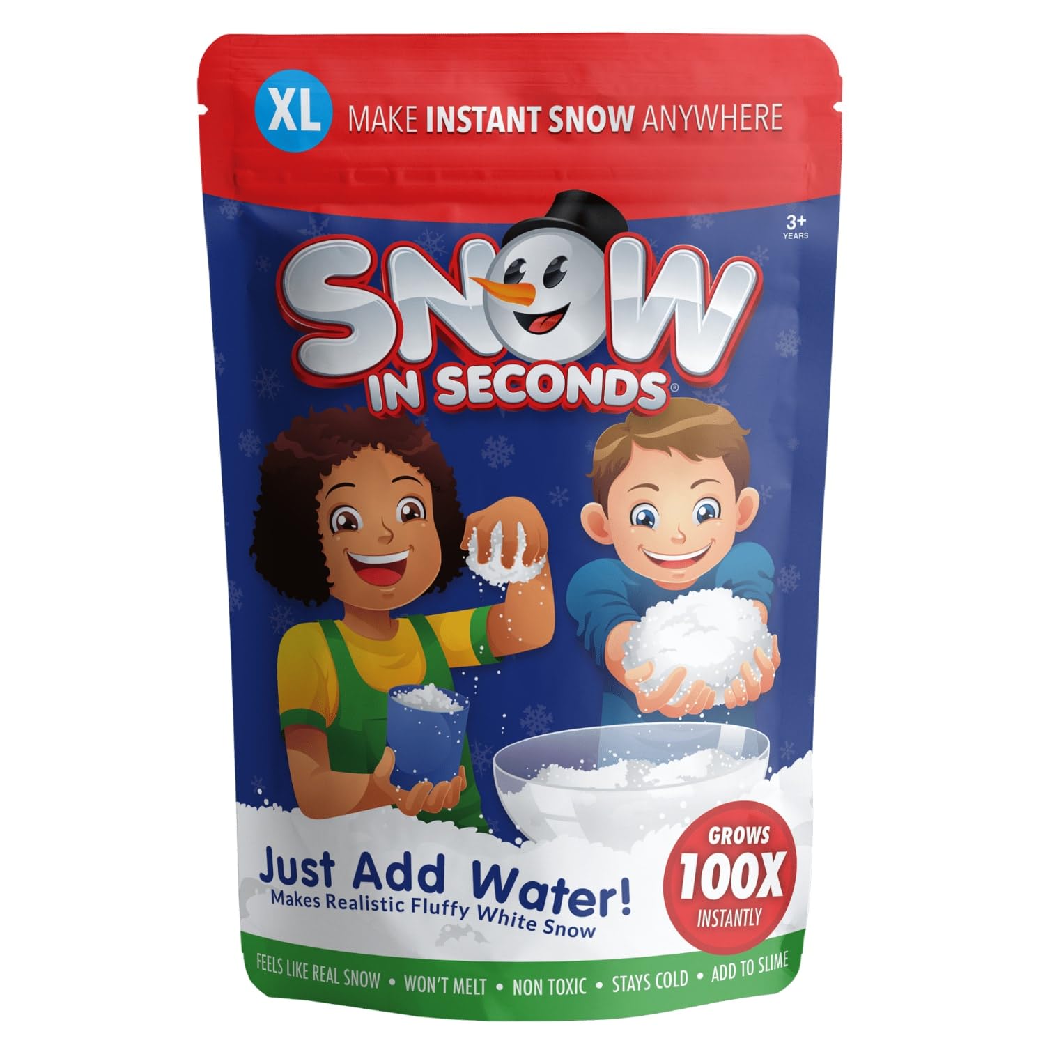Snow in Seconds front pouch showing branding and XL size benefit