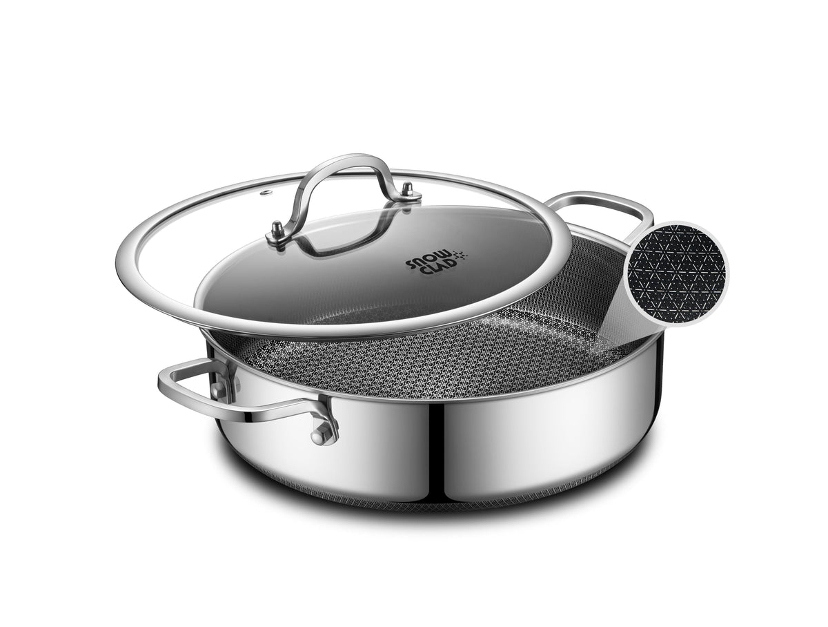 SNOWCLAD front view of braiser showing full profile and lid, durable versatile cooking