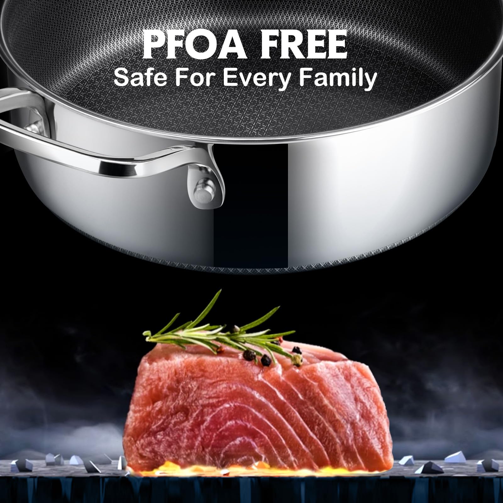 SNOWCLAD pan searing steak demonstrating quick even browning benefit
