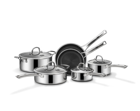 SNOWCLAD front view of full 10-piece cookware set highlighting included pieces and storage benefit