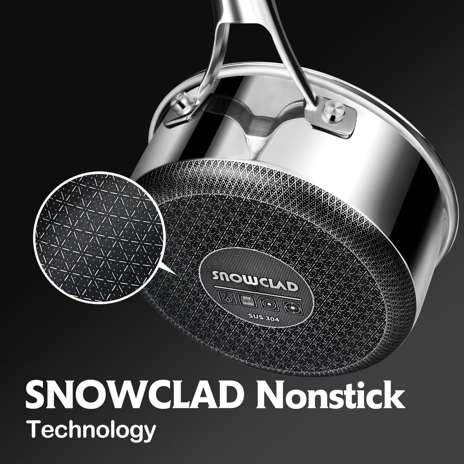 SNOWCLAD saucepan on stovetop in use demonstrating even heating and release