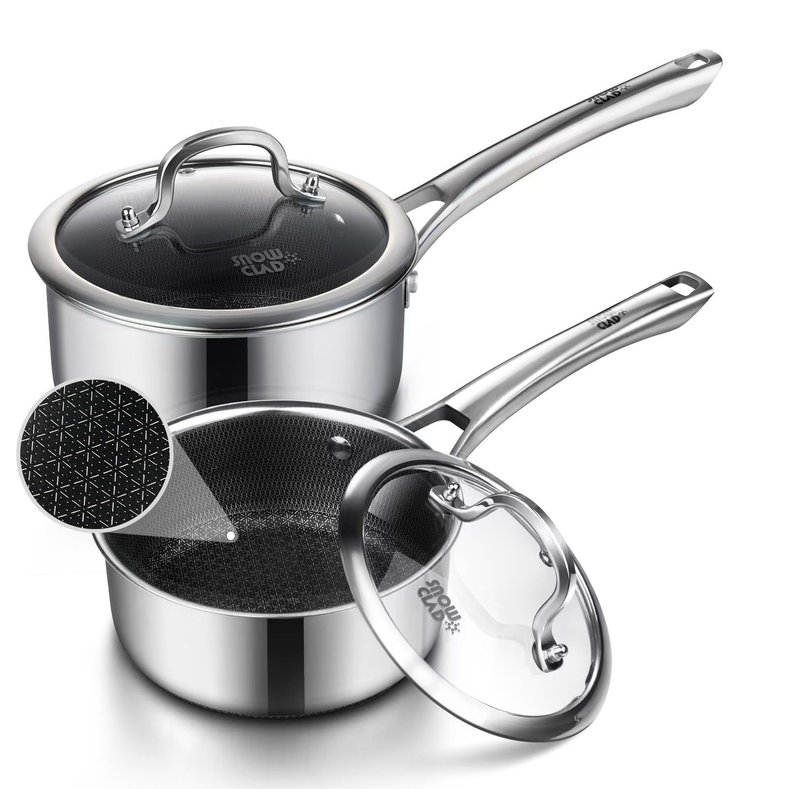 SNOWCLAD front view of both saucepans showcasing lids and handles, durable design