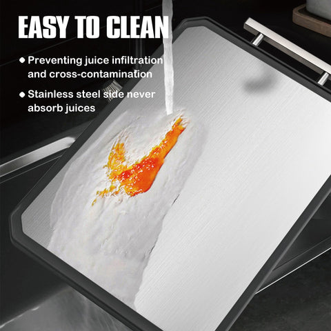 SNOWCLAD stainless steel board close-up of juice groove catching meat drippings for cleaner counters