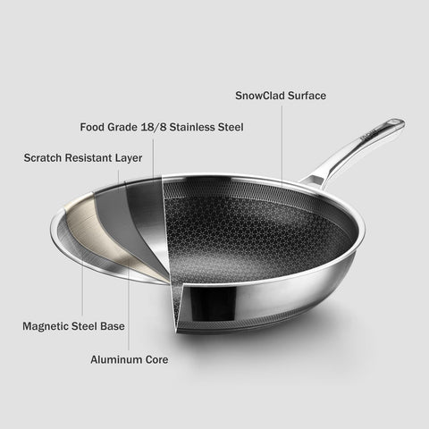 SNOWCLAD wok in use stir-frying colorful vegetables quickly for even cooking benefit