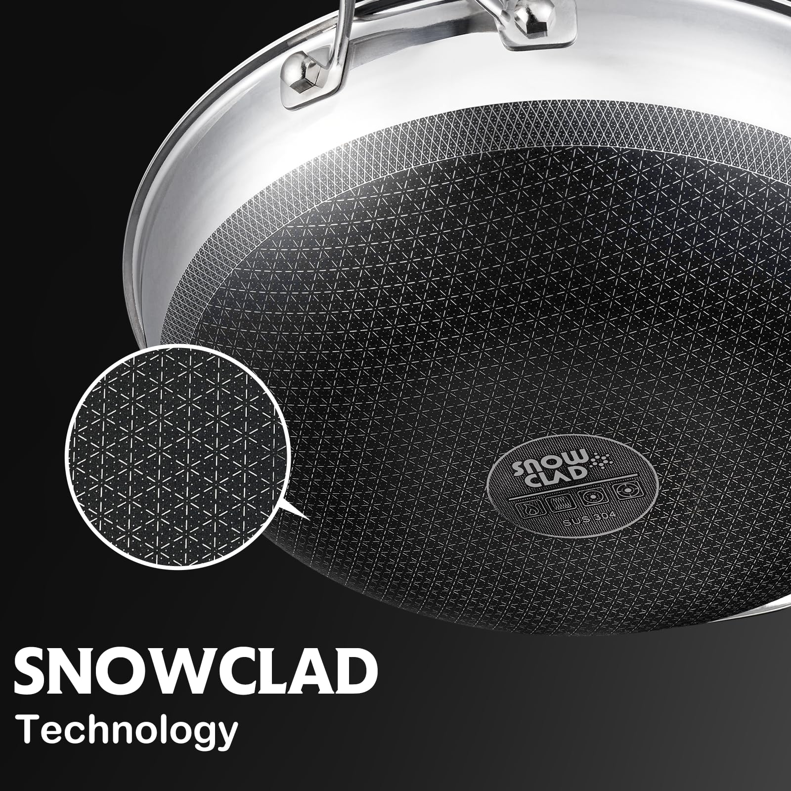 SNOWCLAD wok beside dinner plate to show 13-inch scale and generous cooking capacity