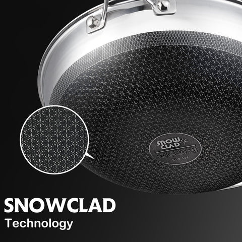 SNOWCLAD wok beside dinner plate to show 13-inch scale and generous cooking capacity