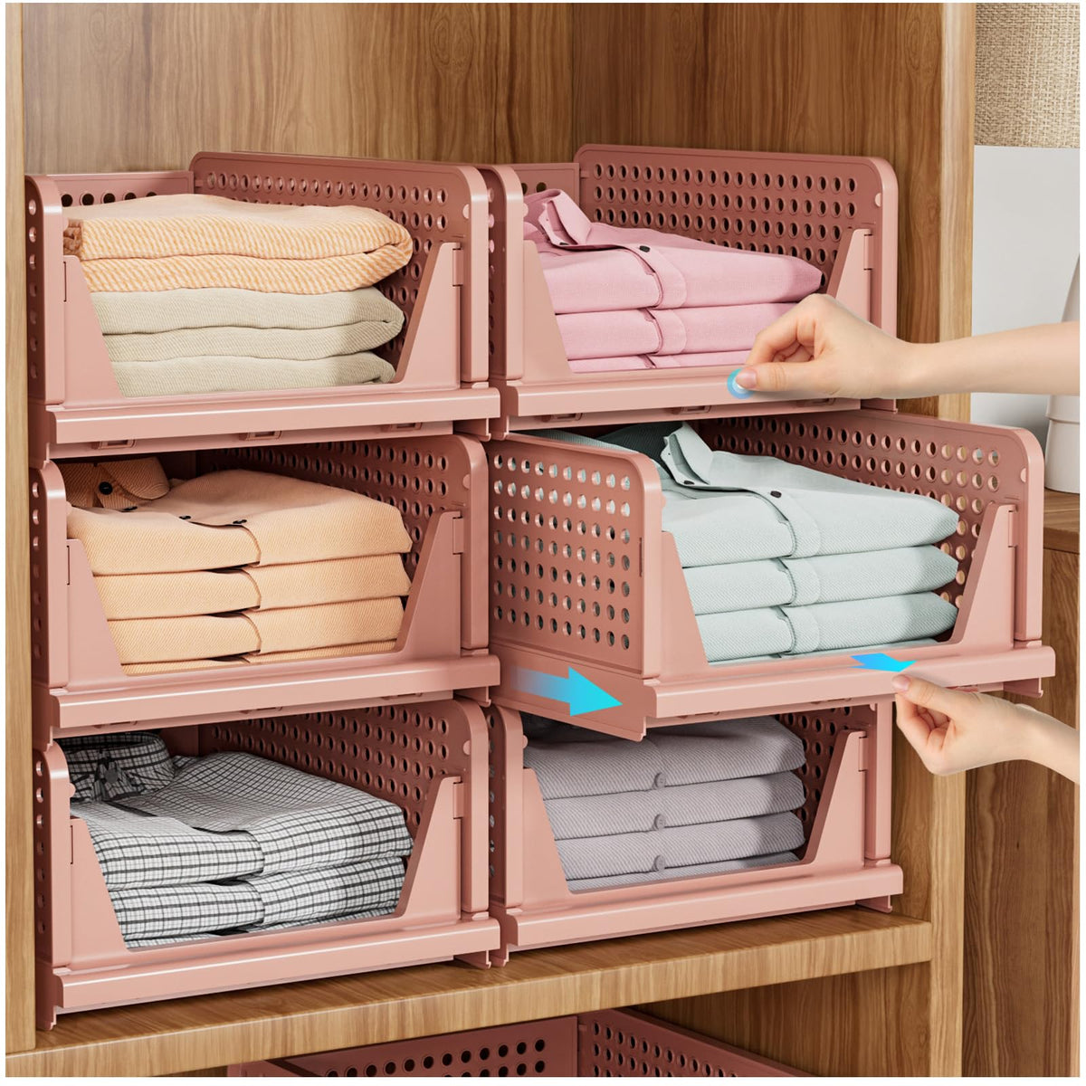 SNSLXH front view of five pink stackable organizers showing neat storage