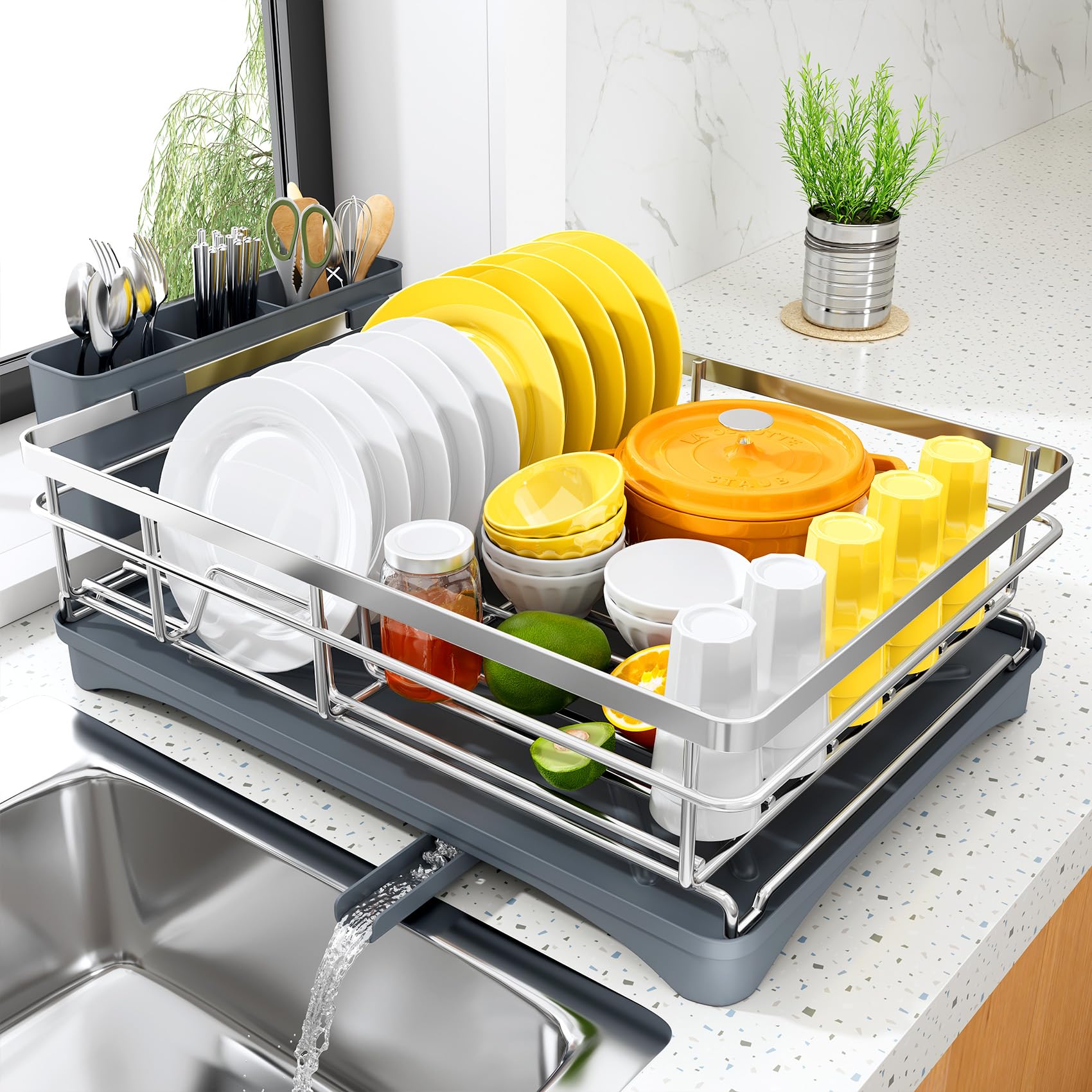 SNTD front view of dish rack showing organized plates and space-saving benefit