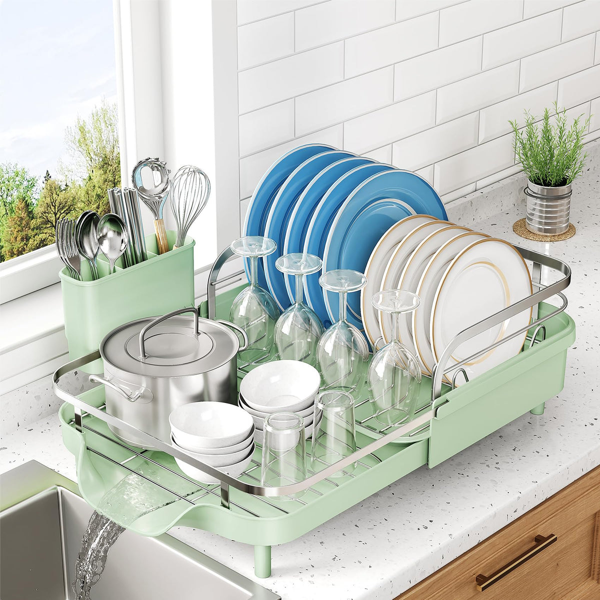 SNTD front view of green expandable dish rack showing compact storage benefit