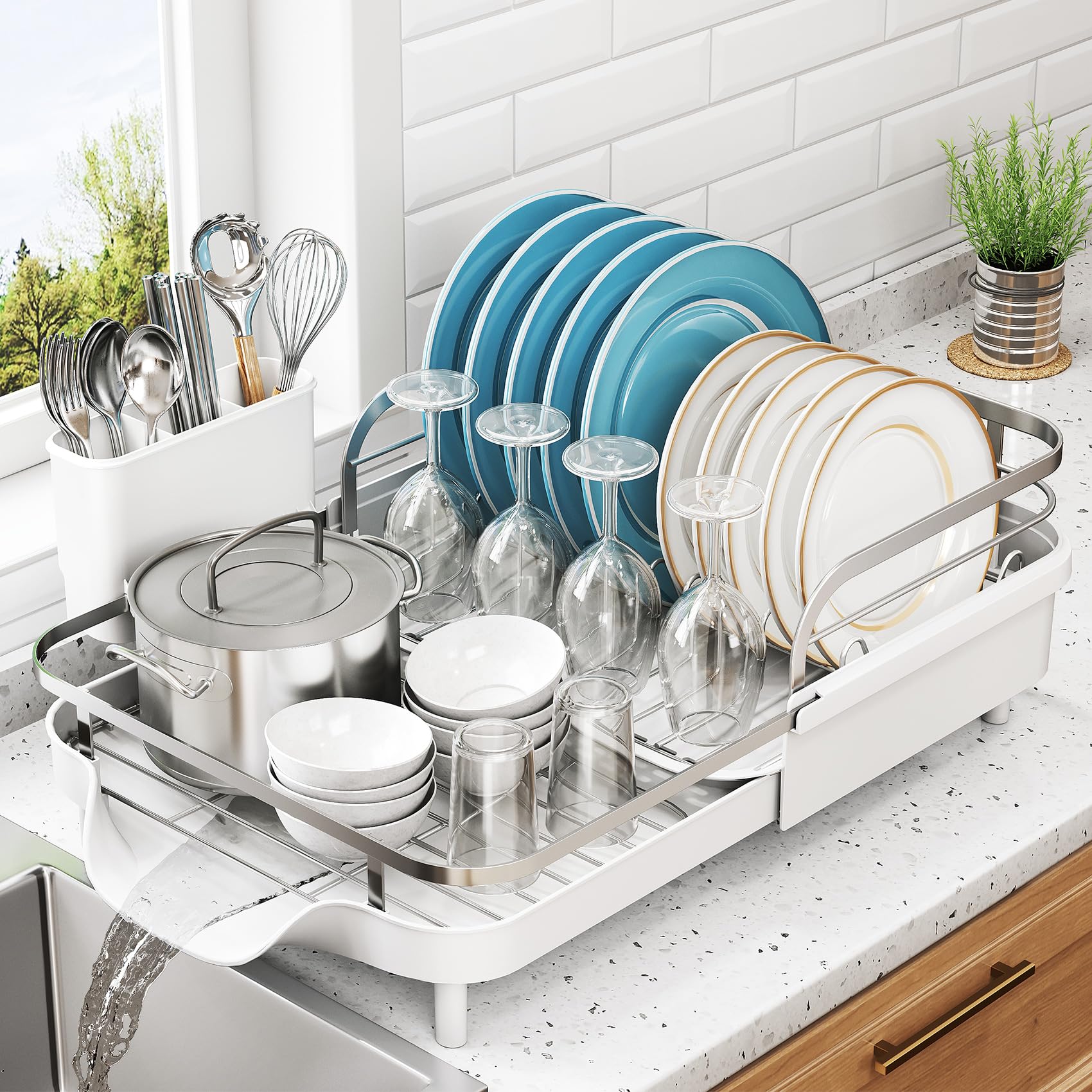 SNTD front view of dish drying rack showing full organized capacity and neat storage