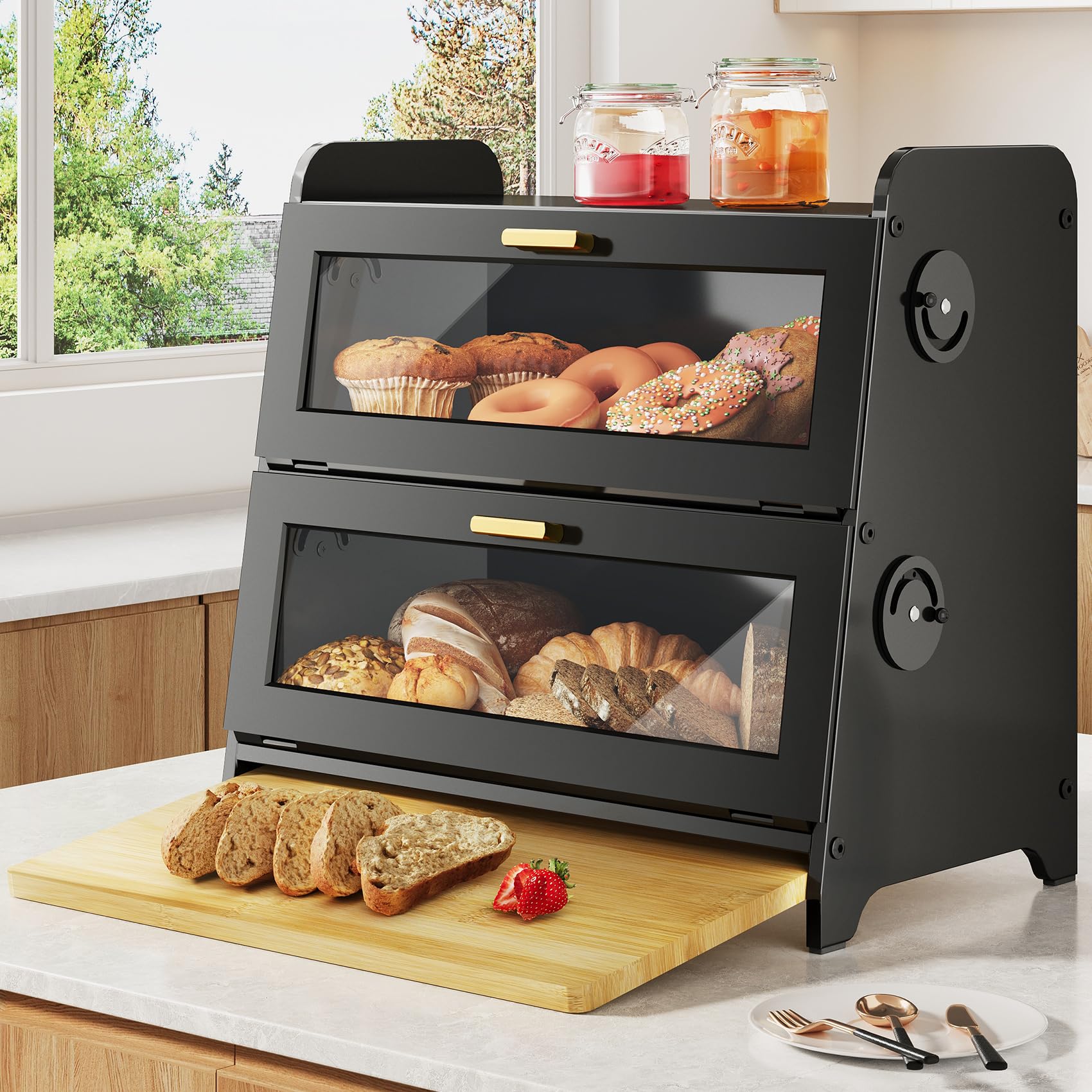 SNTD front view of black 2-tier bread box showing clean countertop storage benefit