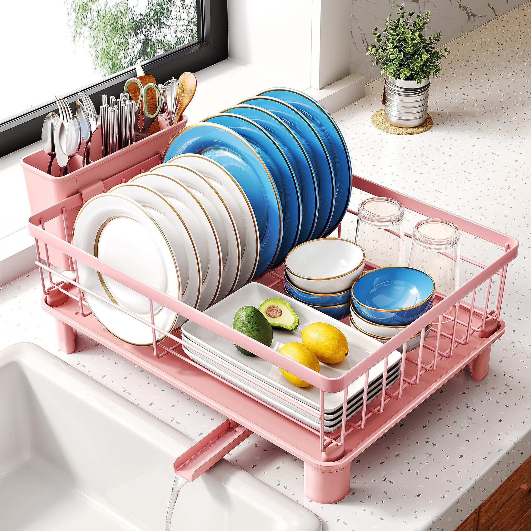 SNTD front view pink dish rack neatly stores plates and cups, maximizing countertop space