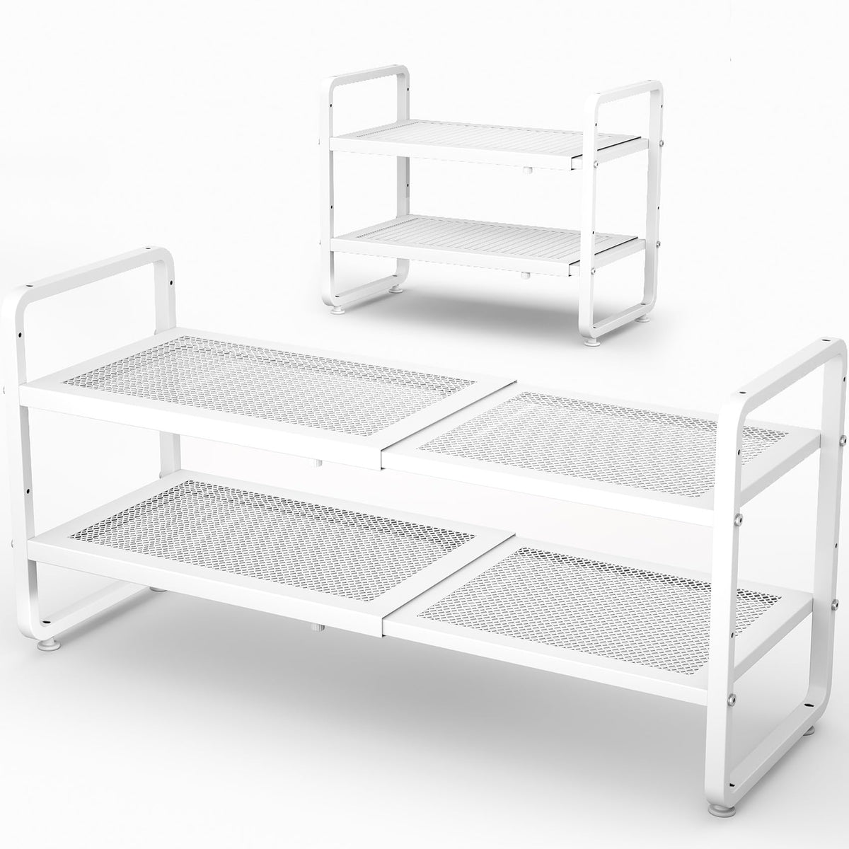 SNTD front view of white two-tier rack showing organized shoes and neat storage benefit