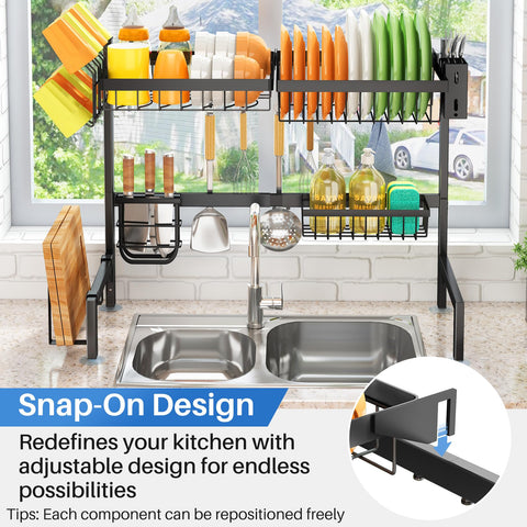 SNTD fully extended rack illustrating adjustable width fitting various sinks