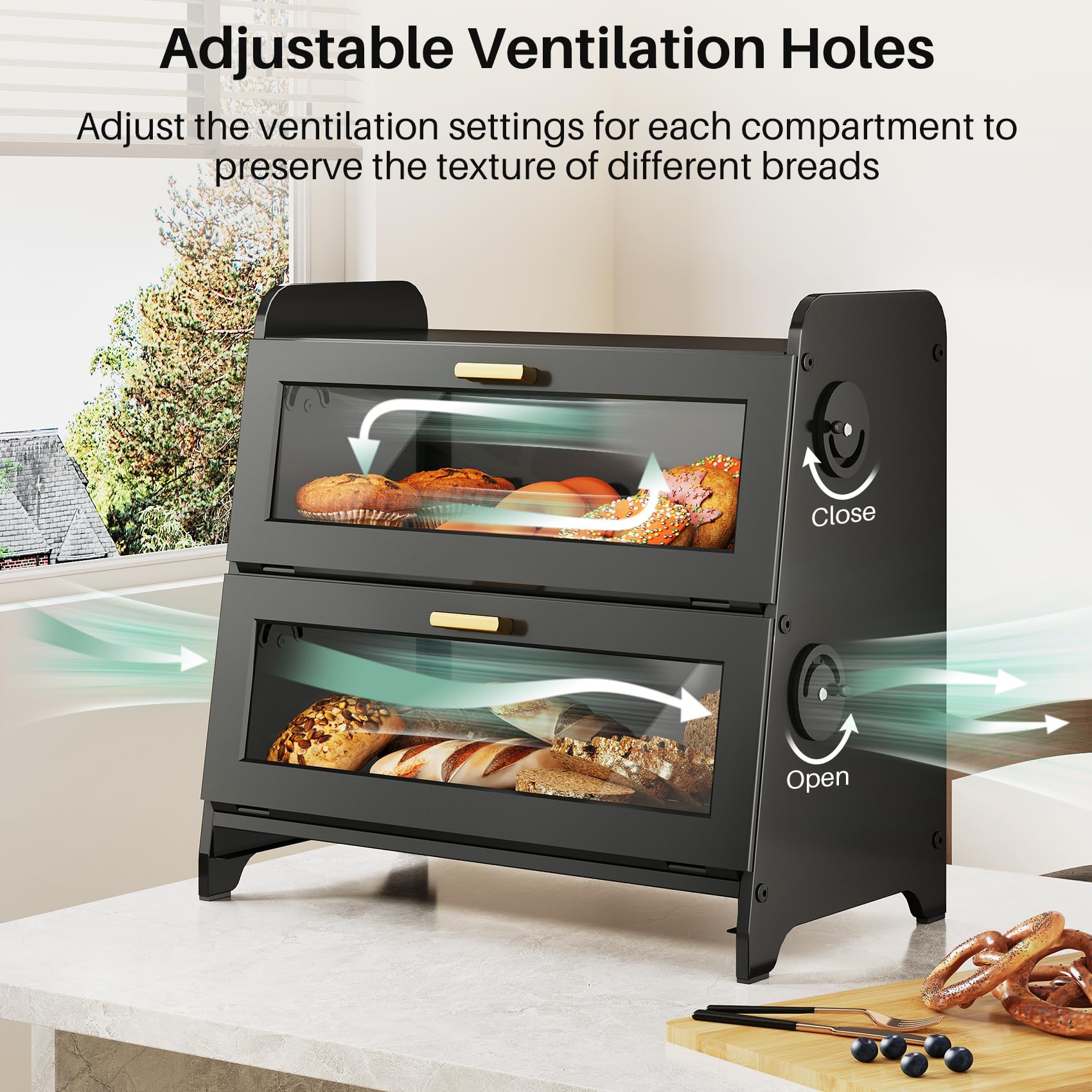 SNTD top shelf open with loaf showing adjustable ventilation preserving crust benefit