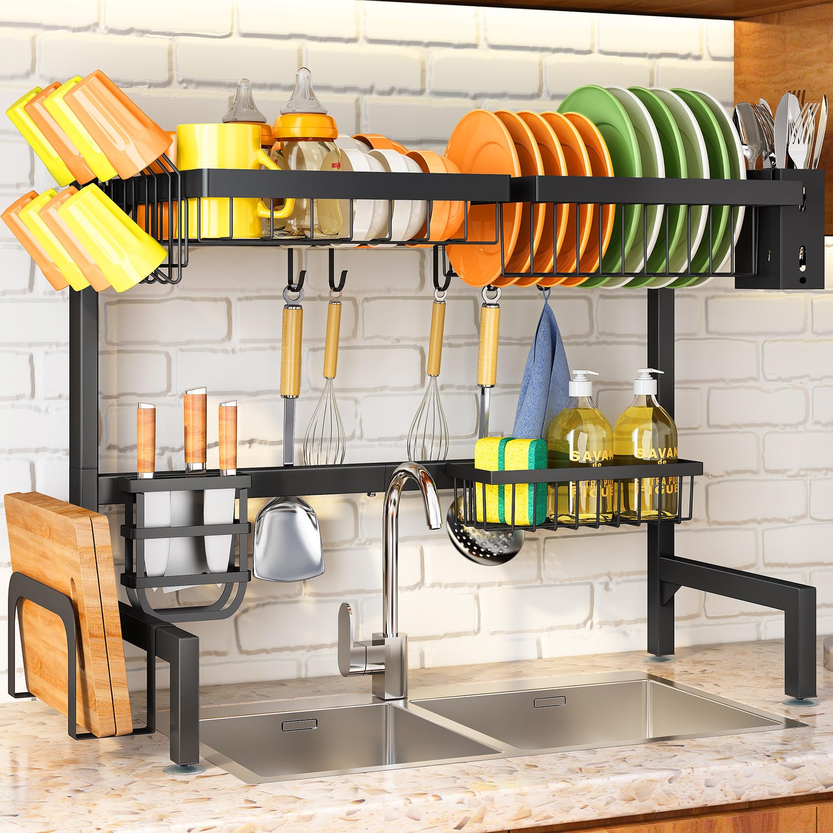SNTD front view of full over-the-sink rack showing organized dishes and space-saving benefit