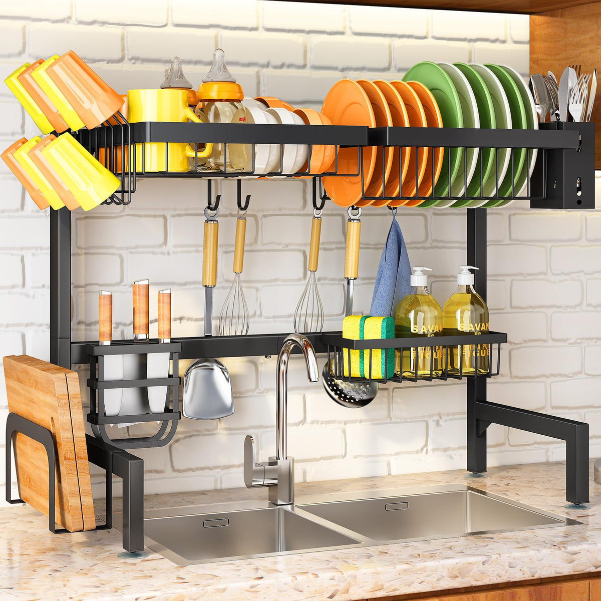 SNTD front view of full over-the-sink rack showing organized dishes and space-saving benefit