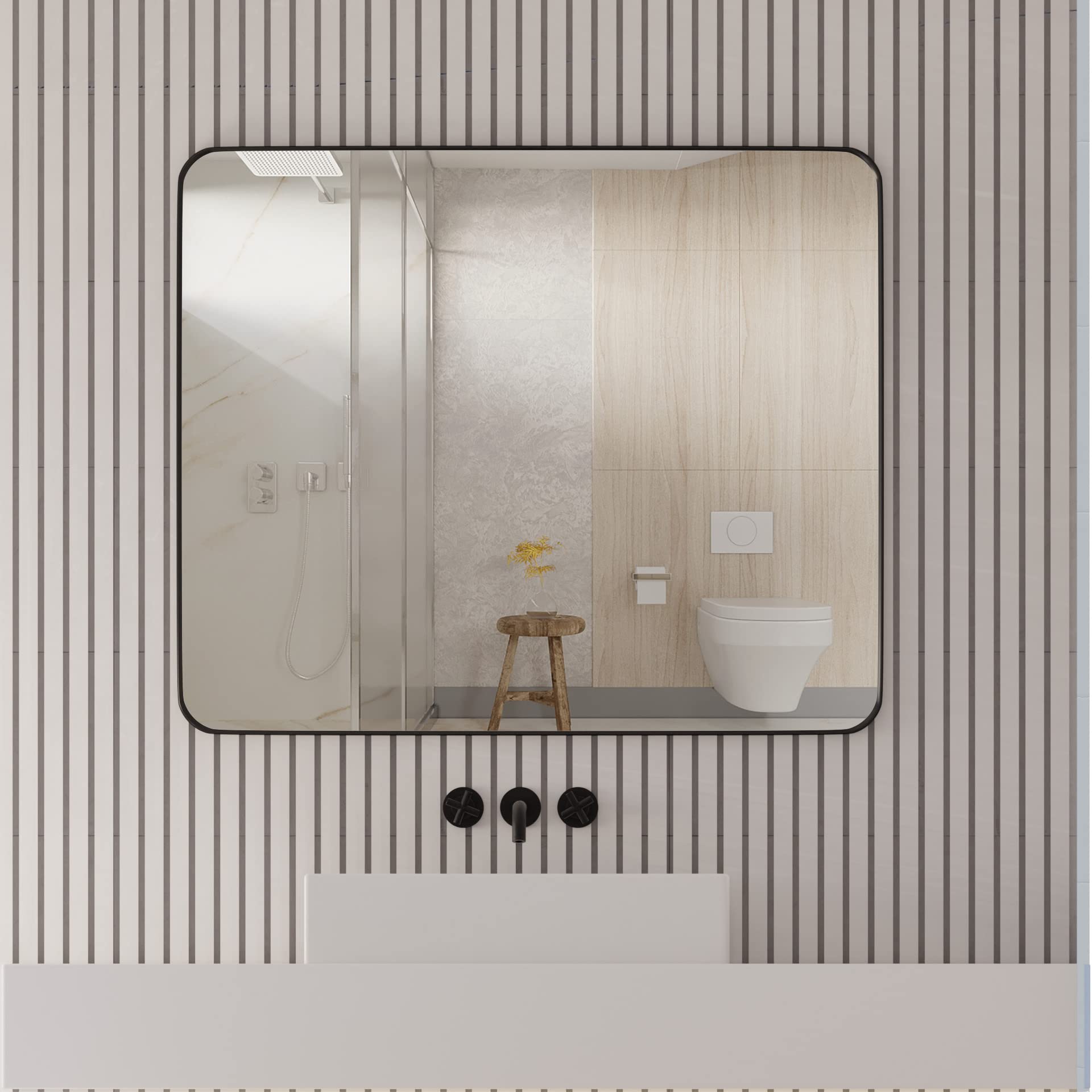 SNUGACE mirror mounted over bathroom vanity illustrating installation and style benefit