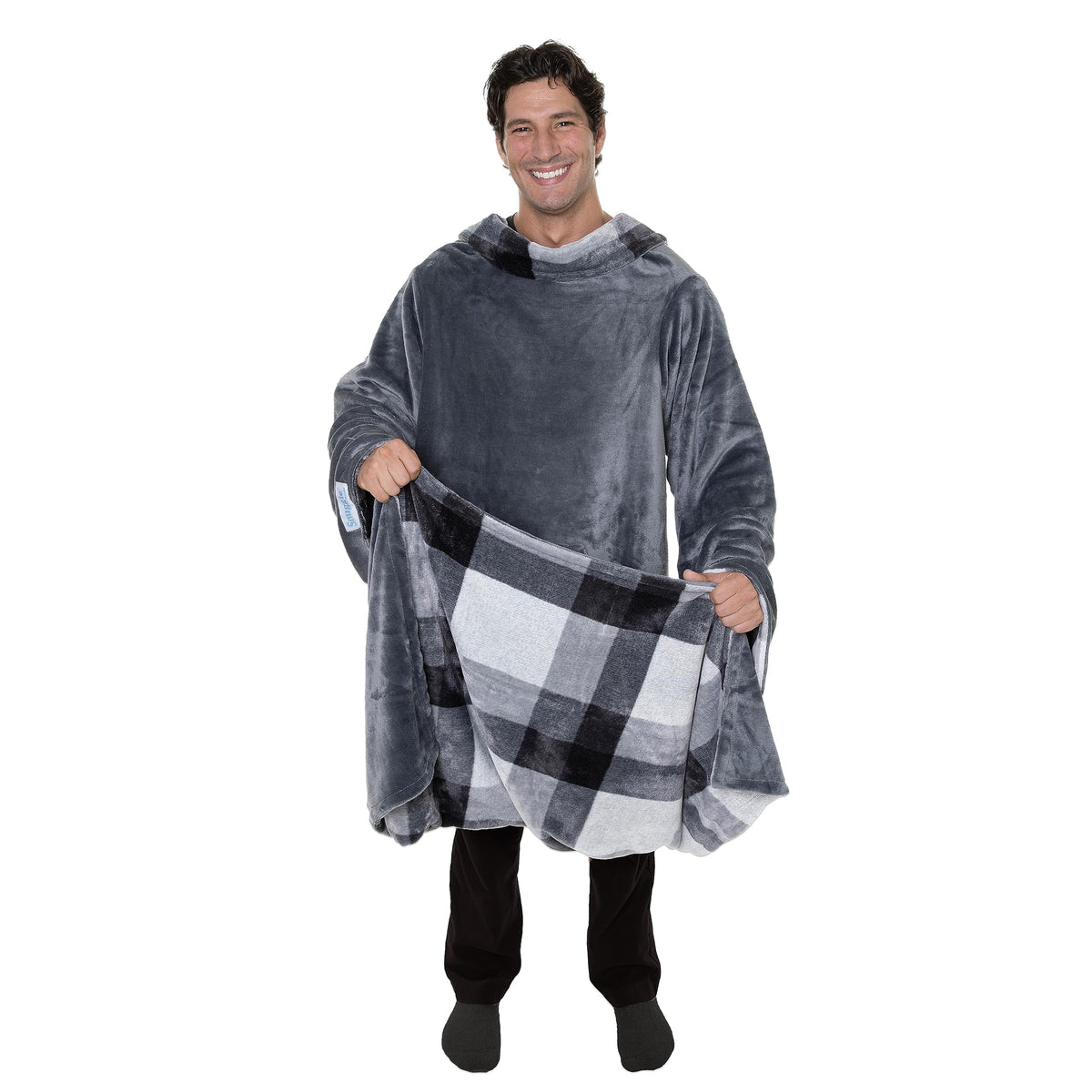 Snuggie front view worn showing full coverage and mobility