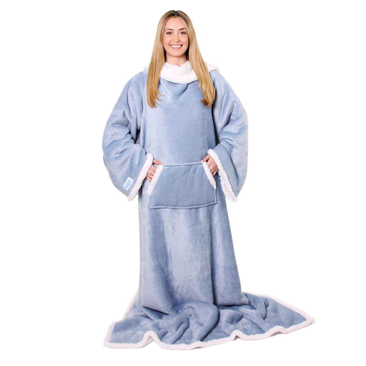 Snuggie front view showing dusty blue oversized fit and cozy coverage