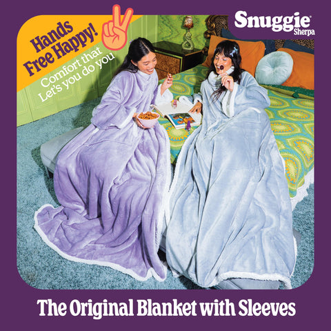 Person wearing Snuggie on couch demonstrating hands-free comfort