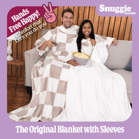 Person wearing Snuggie on couch showing hands-free lounging advantage