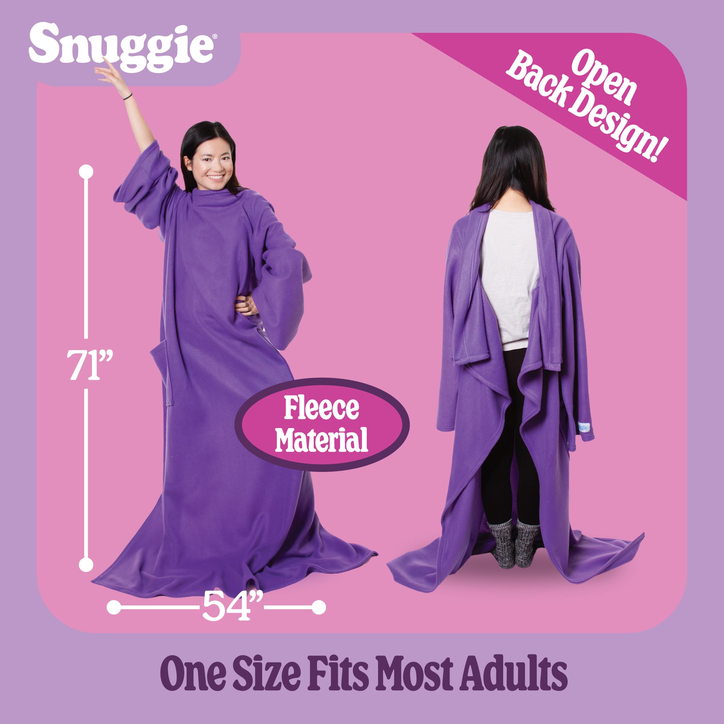 Person lounging on couch in Snuggie purple, demonstrating hands-free comfort