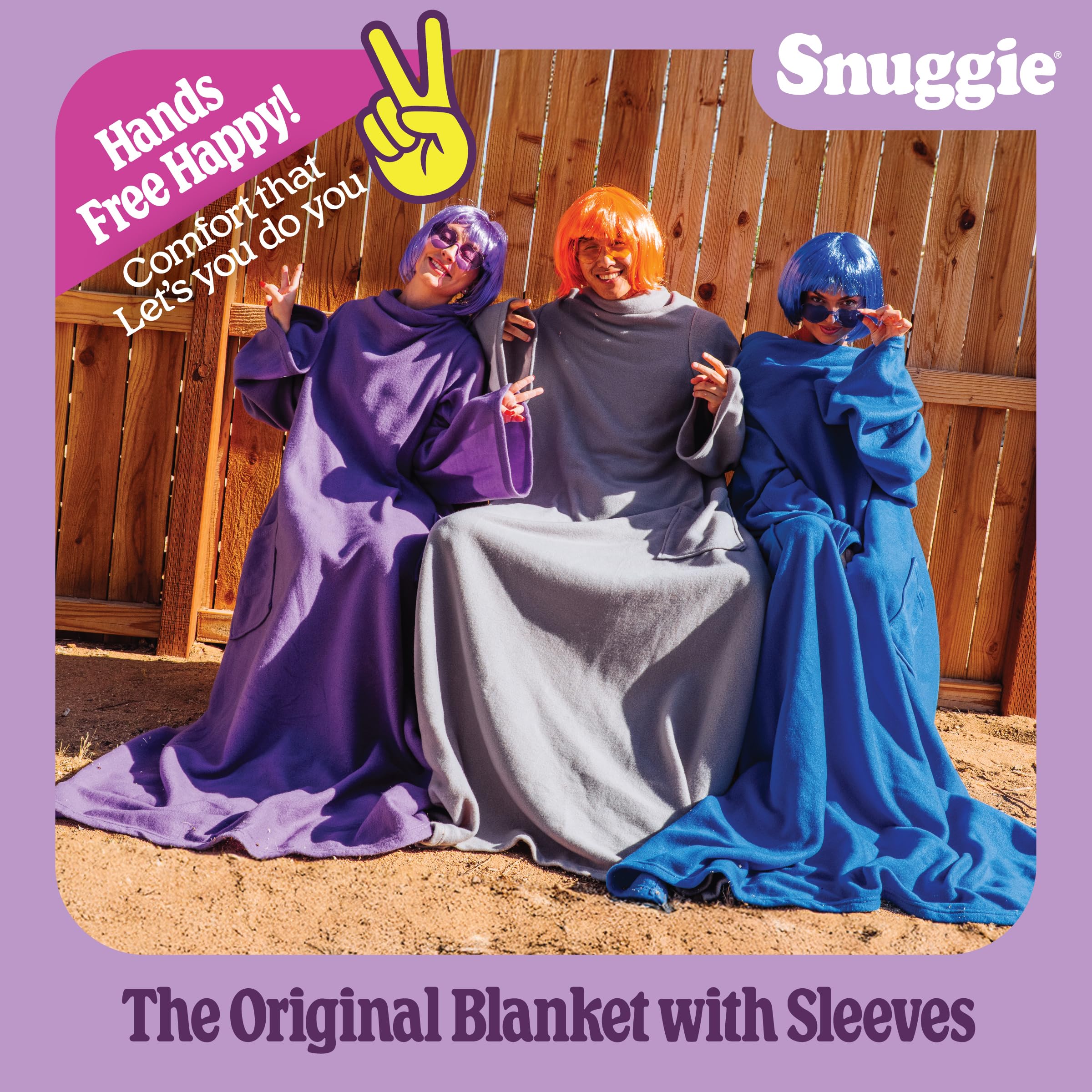 Hand placing phone into Snuggie pocket, showing secure storage benefit