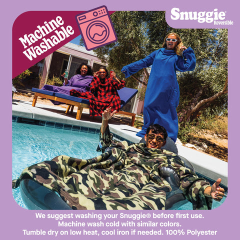 Snuggie flipped to show reversible cream and checker patterns for style