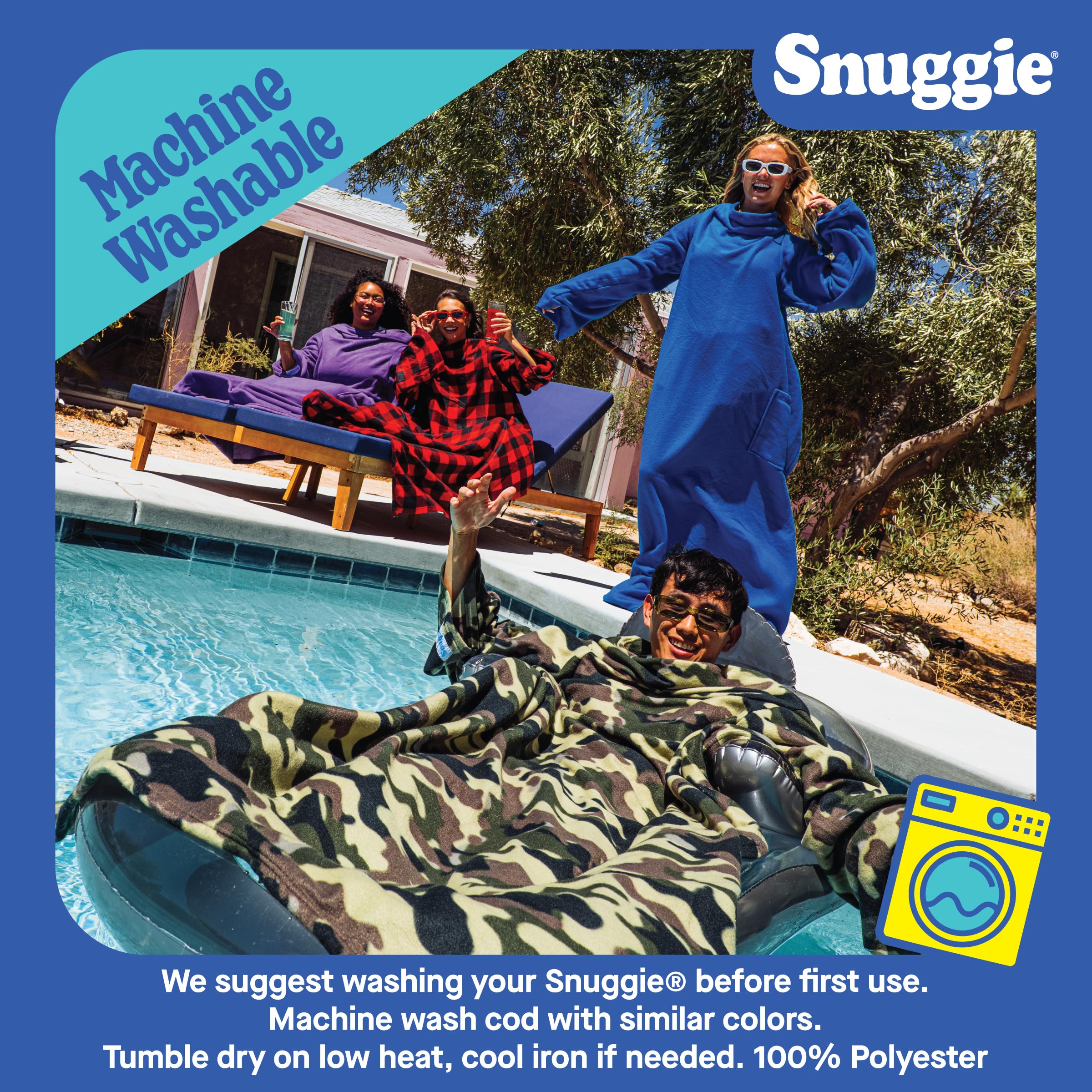 Snuggie draped on sofa showing size 71x54 and full-leg coverage