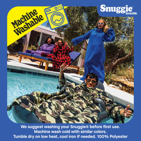 Snuggie size comparison on sofa showing generous 71x54 coverage