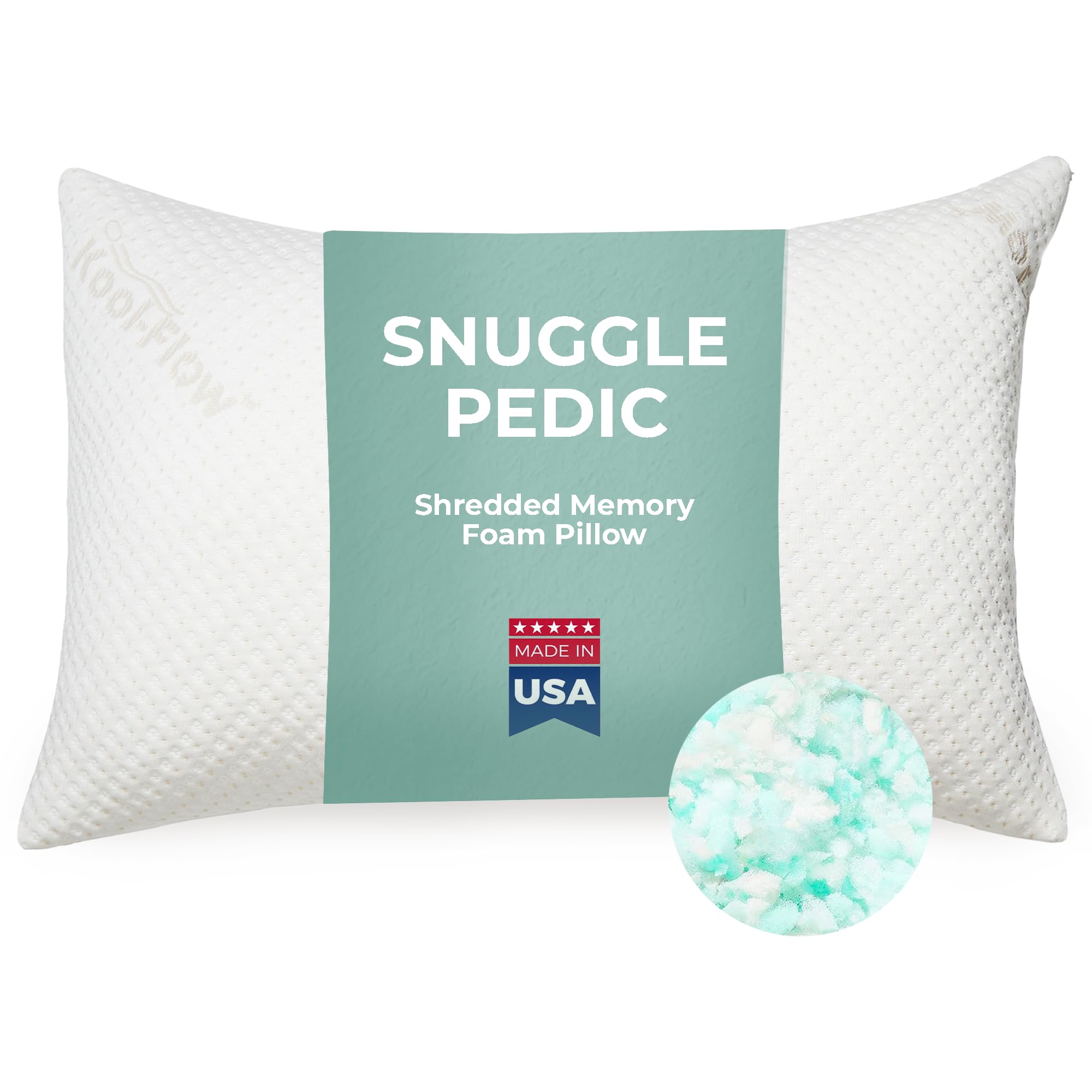 Snuggle-Pedic front packaging showing queen pillow and benefits