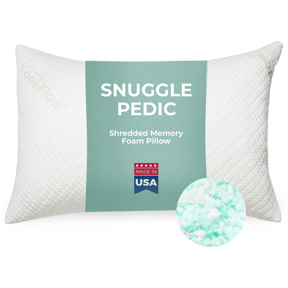 Snuggle-Pedic front packaging showing queen pillow and benefits