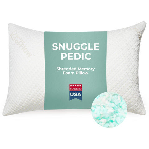 Snuggle-Pedic front packaging showing pillow and cooling benefits