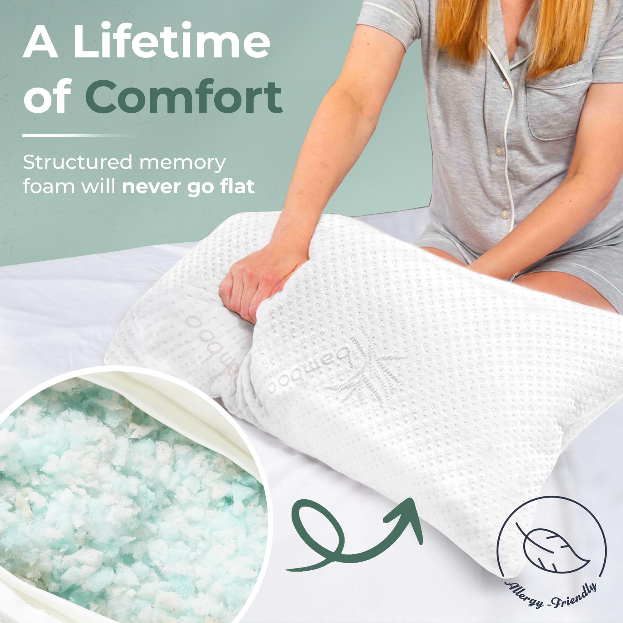 Snuggle-Pedic pillow on a made bed showing cooling sleep setup