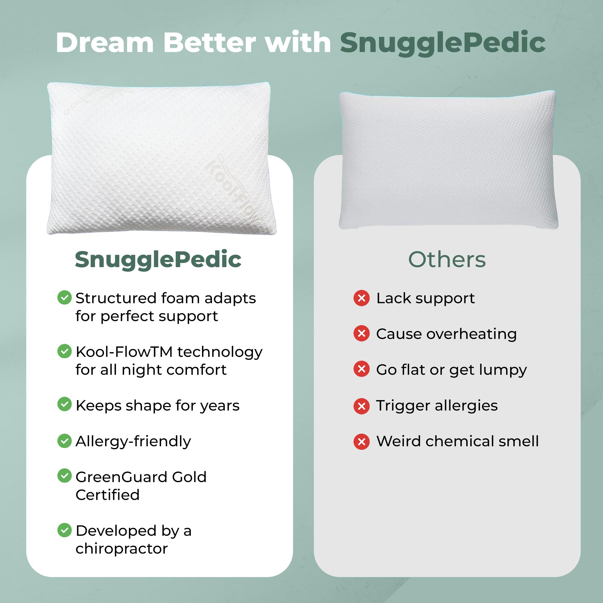 Snuggle-Pedic pillow next to a hand for scale demonstrating size