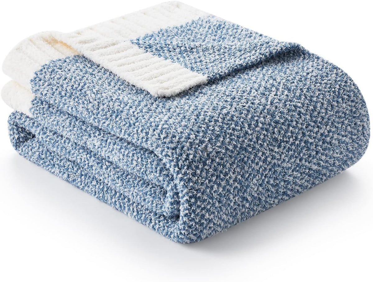 Snuggle Sac front view showing reversible blue knit and plush finish for cozy decor